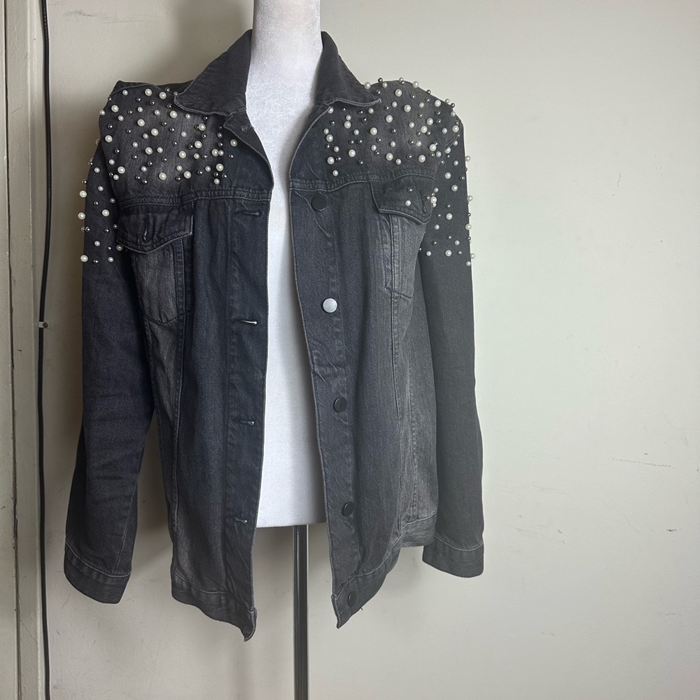 Vintage 80s embellished pearls and stones large shoulder pads denim jacket dress